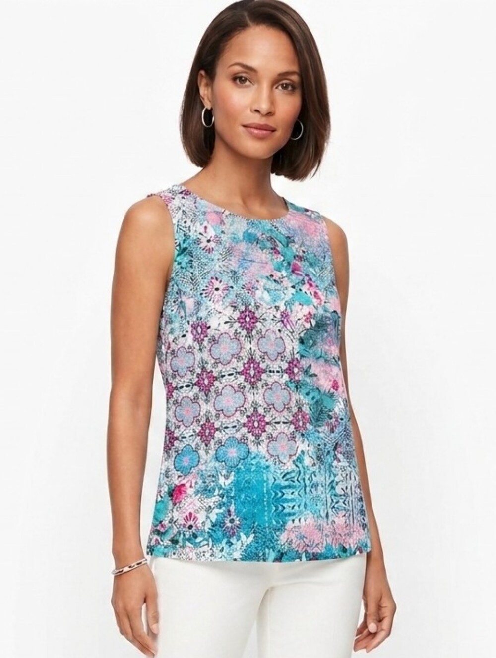 Talbots Sleeveless Mixed Print Floral Geometric Blouse Top Size M EUC